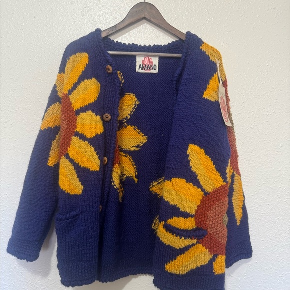 Amano Sweaters - Vintage Amano Blue and Yellow Sunflower Sweater